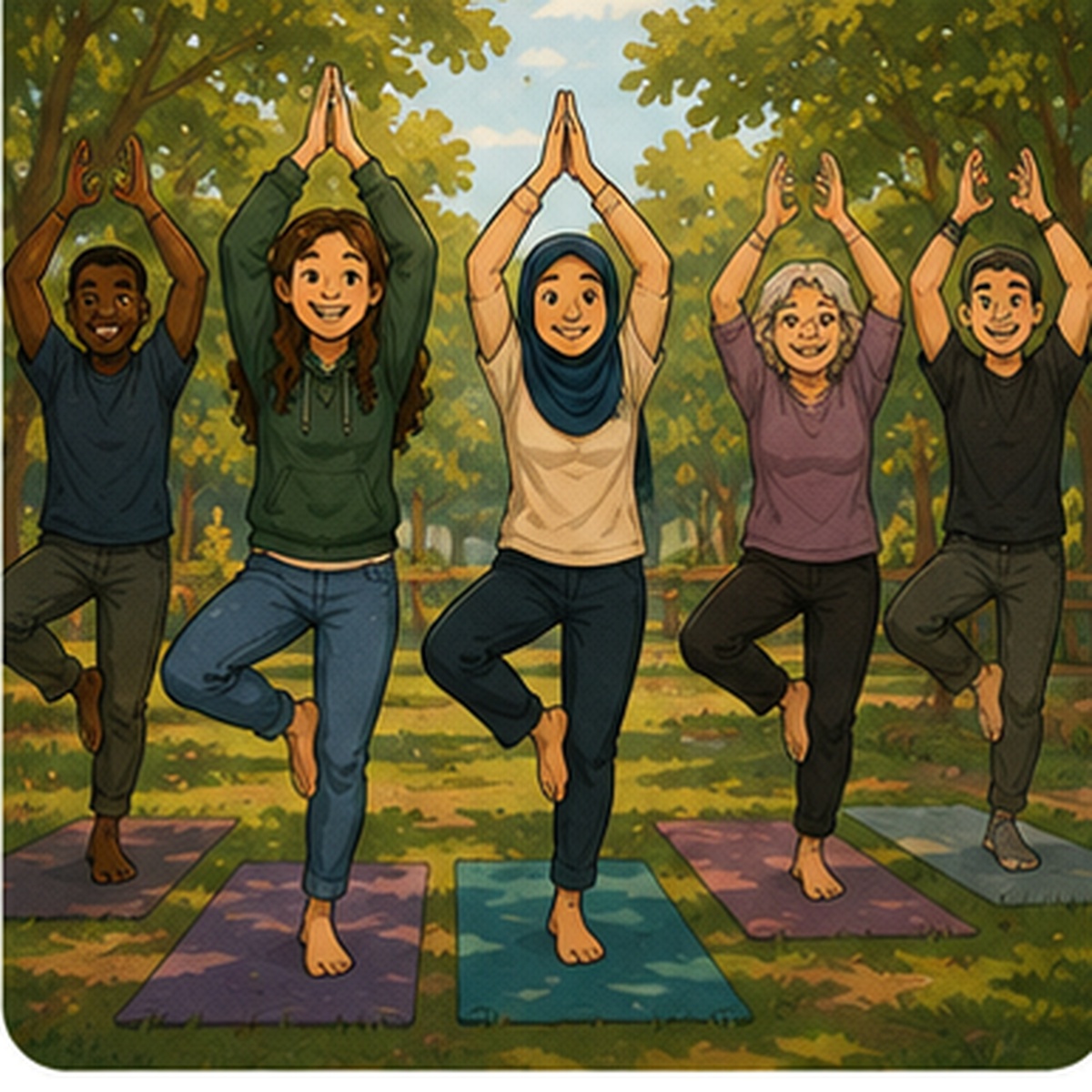 Vielfältige Gruppe macht gemeinsam Yoga im Park