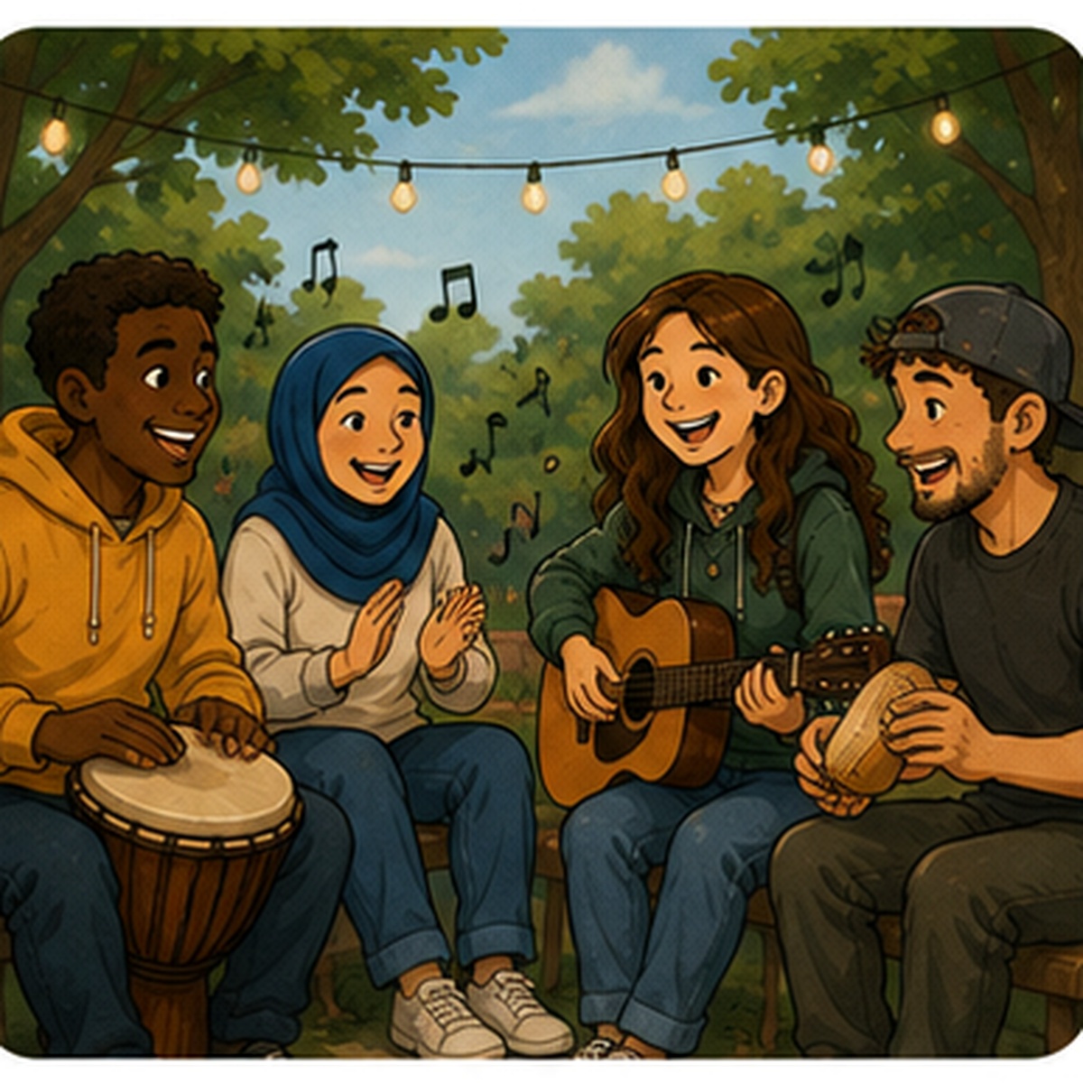 Vielfältige HUMAN4HELP Gemeinschaft musiziert gemeinsam